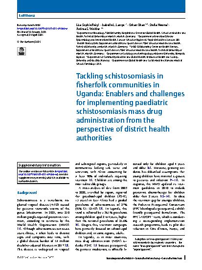 Vorschauseite 1: Tackling schistosomiasis in fisherfolk communities in Uganda: Enablers and challenges for implementing paediatric schistosomiasis mass drug administration from the perspective of…