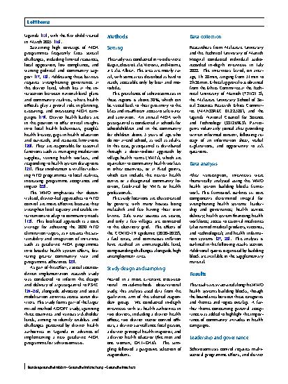 Vorschauseite 2: Tackling schistosomiasis in fisherfolk communities in Uganda: Enablers and challenges for implementing paediatric schistosomiasis mass drug administration from the perspective of…