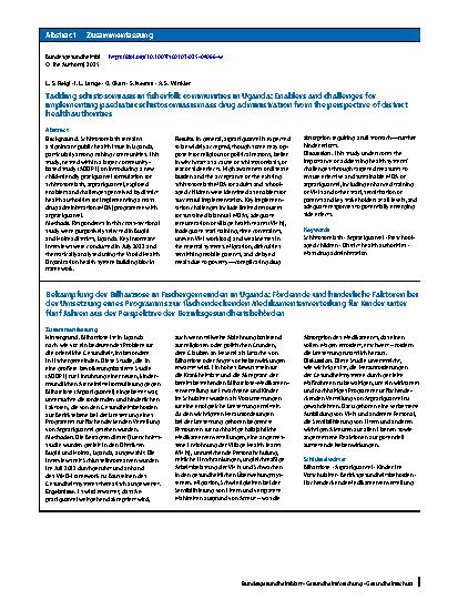 Vorschauseite 3: Tackling schistosomiasis in fisherfolk communities in Uganda: Enablers and challenges for implementing paediatric schistosomiasis mass drug administration from the perspective of…