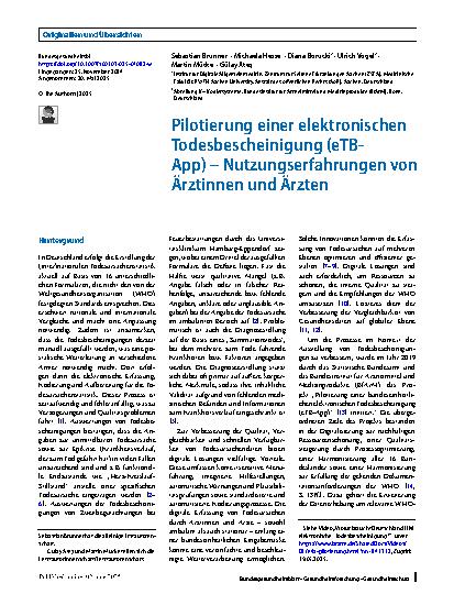 Vorschauseite 1: Pilotierung einer elektronischen Todesbescheinigung (eTB-App) – Nutzungserfahrungen von Ärztinnen und Ärzten