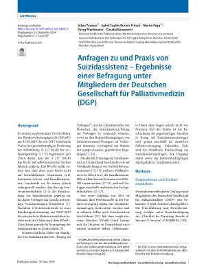 Vorschauseite 1: Anfragen zu und Praxis von Suizidassistenz – Ergebnisse einer Befragung unter Mitgliedern der Deutschen Gesellschaft für Palliativmedizin (DGP)