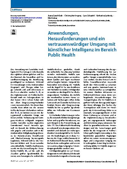 Vorschauseite 1: Anwendungen, Herausforderungen und ein vertrauenswürdiger Umgang mit künstlicher Intelligenz im Bereich Public Health