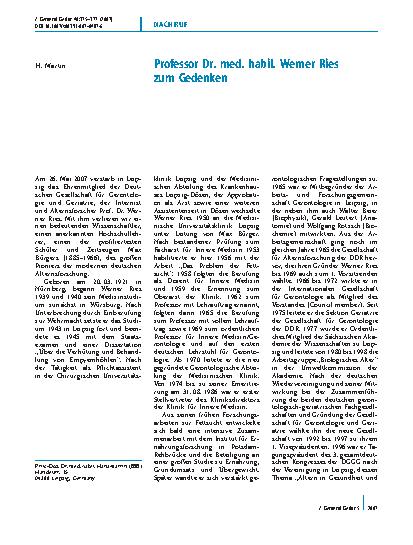 Vorschauseite 1: Professor Dr. med. habil. Werner Ries zum Gedenken