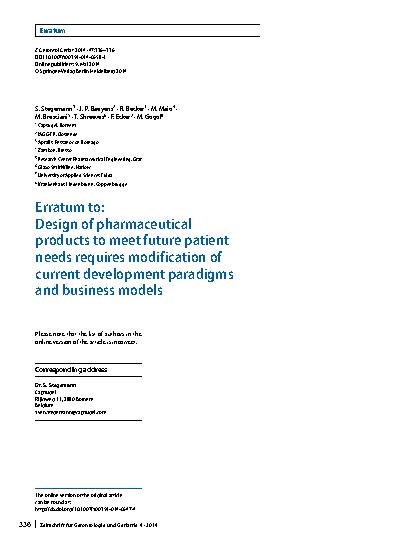Vorschauseite 1: Erratum to: Design of pharmaceutical products to meet future patient needs requires modification of current development paradigms and business models