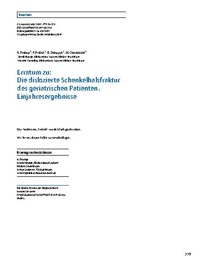 Vorschauseite 1: Erratum zu: Die dislozierte Schenkelhalsfraktur des geriatrischen Patienten. Einjahresergebnisse