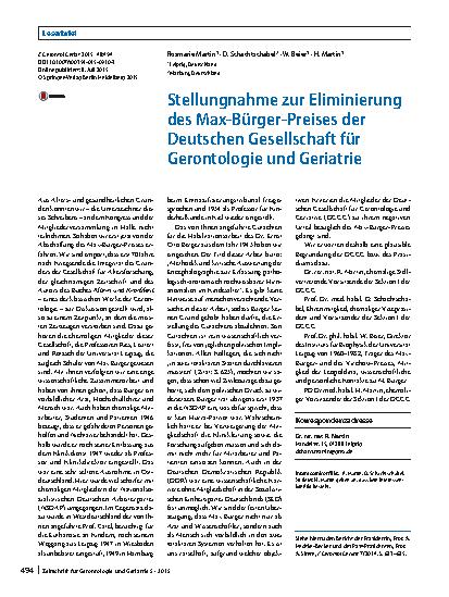 Vorschauseite 1: Stellungnahme zur Eliminierung des Max-Bürger-Preises der Deutschen Gesellschaft für Gerontologie und Geriatrie