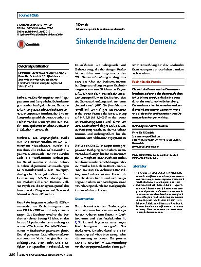 Vorschauseite 1: Sinkende Inzidenz der Demenz