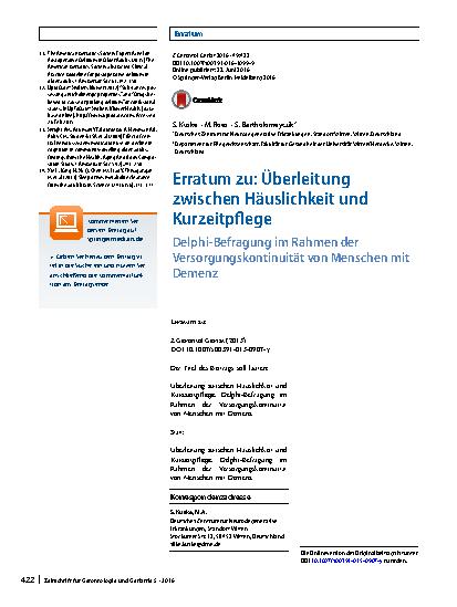 Vorschauseite 1: Erratum zu: Überleitung zwischen Häuslichkeit und Kurzeitpflege