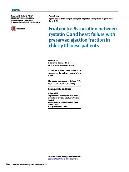 Vorschauseite 1: Erratum to: Association between cystatin C and heart failure with preserved ejection fraction in elderly Chinese patients