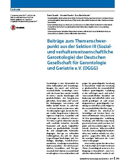 Vorschauseite 1: Beiträge zum Themenschwerpunkt aus der Sektion﻿ III (Sozialund verhaltenswissenschaftliche Gerontologie) der Deutschen Gesellschaft für Gerontologie und Geriatrie e. V. (DGGG)