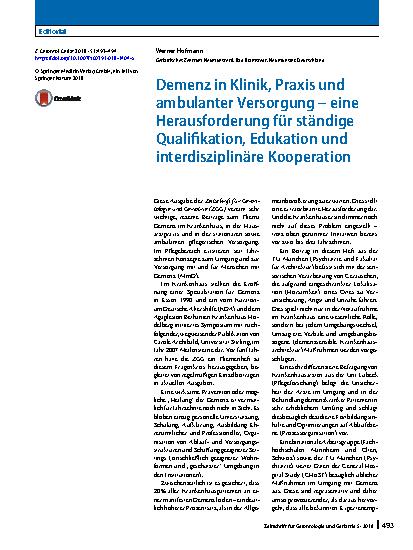 Vorschauseite 1: Demenz in Klinik, Praxis und ambulanter Versorgung – eine Herausforderung für ständige Qualifikation, Edukation und interdisziplinäre Kooperation