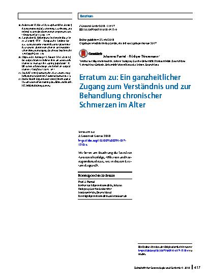 Vorschauseite 1: Erratum zu: Ein ganzheitlicher Zugang zum Verständnis und zur Behandlung chronischer Schmerzen im Alter
