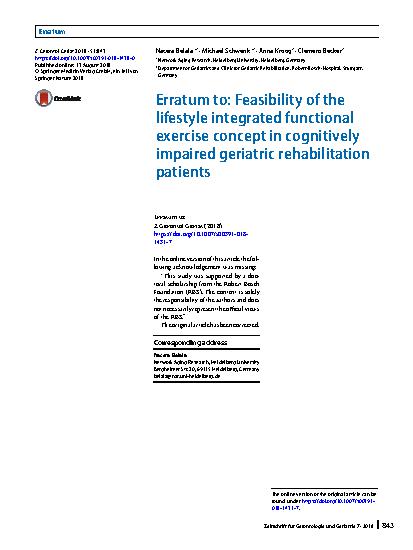 Vorschauseite 1: Erratum to: Feasibility of the lifestyle integrated functional exercise concept in cognitively impaired geriatric rehabilitation patients