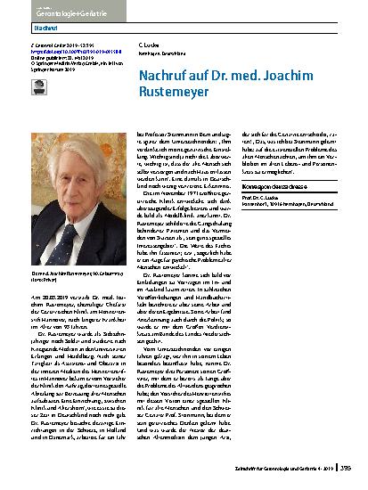 Vorschauseite 1: Nachruf auf Dr. med. Joachim Rustemeyer