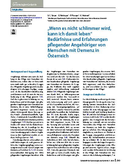 Vorschauseite 1: „Wenn es nicht schlimmer wird, kann ich damit leben“ Bedürfnisse und Erfahrungen pflegender Angehöriger von Menschen mit Demenz in Österreich