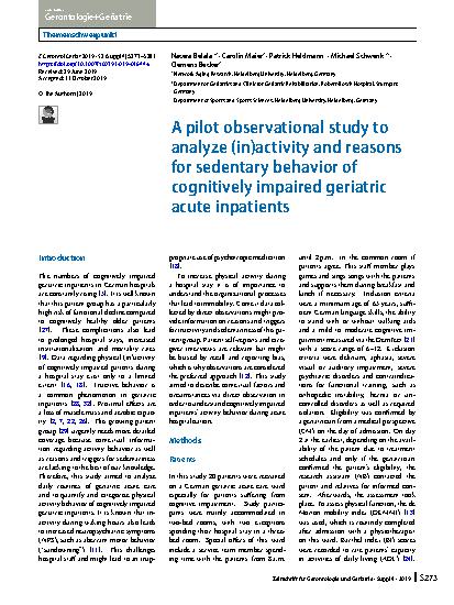 Vorschauseite 1: A pilot observational study to analyze (in)activity and reasons for sedentary behavior of cognitively impaired geriatric acute inpatients