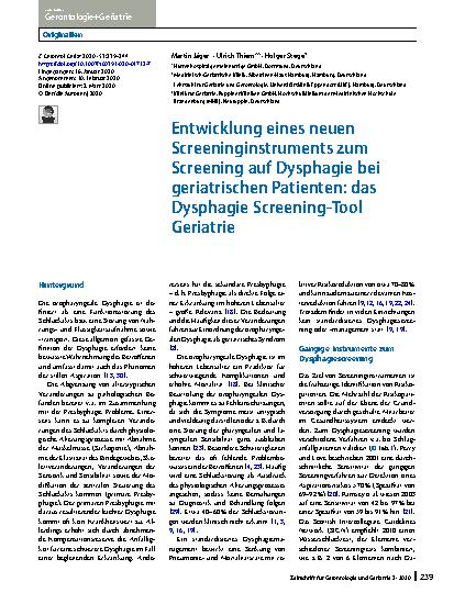 Vorschauseite 1: Entwicklung eines neuen Screeninginstruments zum Screening auf Dysphagie bei geriatrischen Patienten: das Dysphagie Screening-Tool Geriatrie