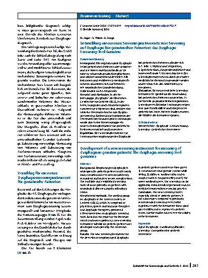 Vorschauseite 3: Entwicklung eines neuen Screeninginstruments zum Screening auf Dysphagie bei geriatrischen Patienten: das Dysphagie Screening-Tool Geriatrie
