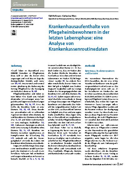 Vorschauseite 1: Krankenhausaufenthalte von Pflegeheimbewohnern in der letzten Lebensphase: eine Analyse von Krankenkassenroutinedaten