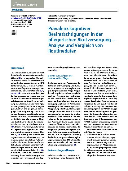 Vorschauseite 1: Prävalenz kognitiver Beeinträchtigungen in der pflegerischen Akutversorgung – Analyse und Vergleich von Routinedaten