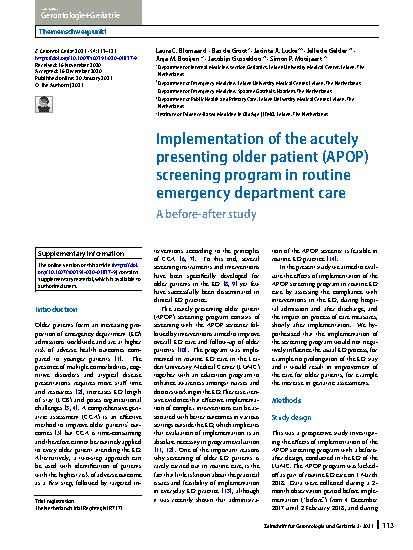 Vorschauseite 1: Implementation of the acutely presenting older patient (APOP) screening program in routine emergency department care
