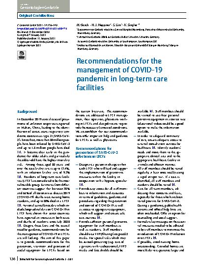 Vorschauseite 1: Recommendations for the management of COVID-19 pandemic in long-term care facilities