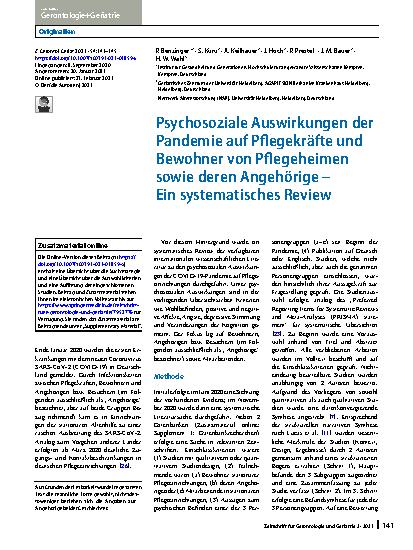 Vorschauseite 1: Psychosoziale Auswirkungen der Pandemie auf Pflegekräfte und Bewohner von Pflegeheimen sowie deren Angehörige – Ein systematisches Review