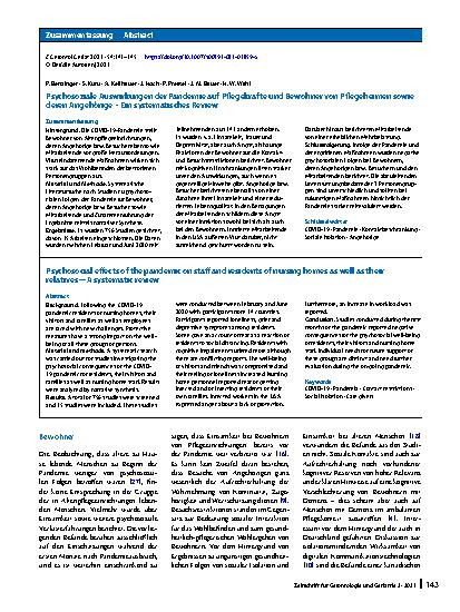 Vorschauseite 3: Psychosoziale Auswirkungen der Pandemie auf Pflegekräfte und Bewohner von Pflegeheimen sowie deren Angehörige – Ein systematisches Review
