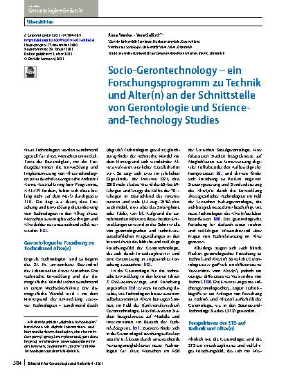 Vorschauseite 1: Socio-Gerontechnology – ein Forschungsprogramm zu Technik und Alter(n) an der Schnittstelle von Gerontologie und Science-and-Technology Studies
