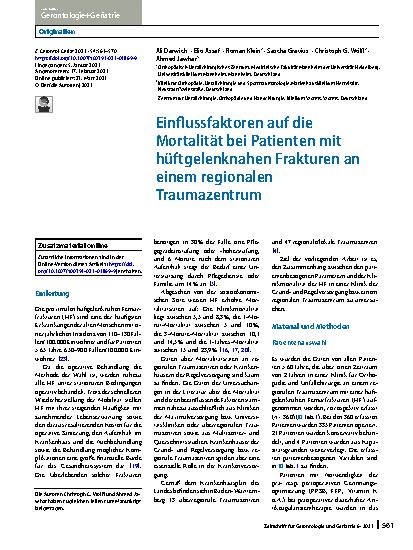 Vorschauseite 1: Einflussfaktoren auf die Mortalität bei Patienten mit hüftgelenknahen Frakturen an einem regionalen Traumazentrum