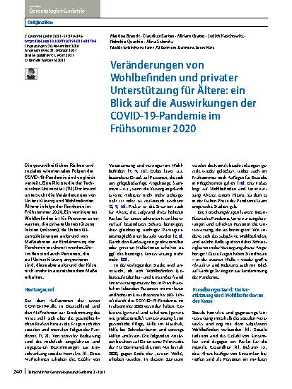 Vorschauseite 1: Veränderungen von Wohlbefinden und privater Unterstützung für Ältere: ein Blick auf die Auswirkungen der COVID-19-Pandemie im Frühsommer 2020