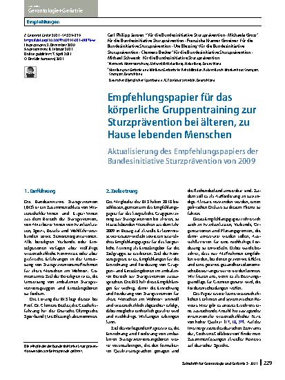 Vorschauseite 1: Empfehlungspapier für das körperliche Gruppentraining zur Sturzprävention bei älteren, zu Hause lebenden Menschen