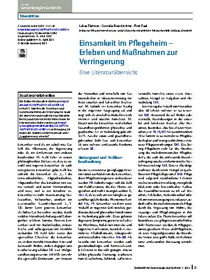 Vorschauseite 1: Einsamkeit im Pflegeheim – Erleben und Maßnahmen zur Verringerung