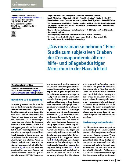 Vorschauseite 1: „Das muss man so nehmen. “ Eine Studie zum subjektiven Erleben der Coronapandemie älterer hilfeund pflegebedürftiger Menschen in der Häuslichkeit