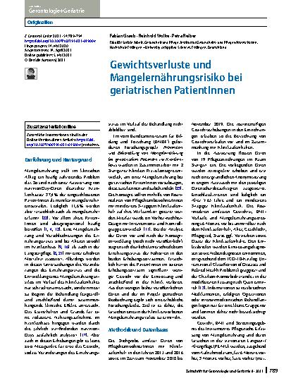 Vorschauseite 1: Gewichtsverluste und Mangelernährungsrisiko bei geriatrischen PatientInnen