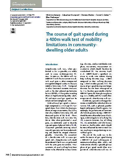 Vorschauseite 1: The course of gait speed during a 400m walk test of mobility limitations in community-dwelling older adults
