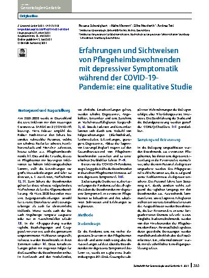 Vorschauseite 1: Erfahrungen und Sichtweisen von Pflegeheimbewohnenden mit depressiver Symptomatik während der COVID-19-Pandemie: eine qualitative Studie
