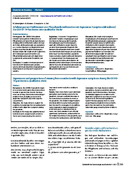 Vorschauseite 3: Erfahrungen und Sichtweisen von Pflegeheimbewohnenden mit depressiver Symptomatik während der COVID-19-Pandemie: eine qualitative Studie