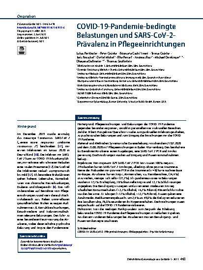 Vorschauseite 1: COVID-19-Pandemie-bedingte Belastungen und SARS-CoV-2-Prävalenz in Pflegeeinrichtungen