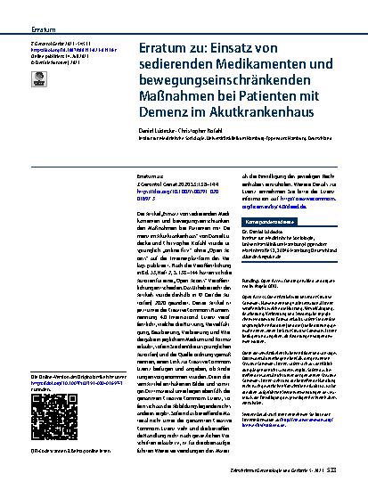 Vorschauseite 1: Erratum zu: Einsatz von sedierenden Medikamenten und bewegungseinschränkenden Maßnahmen bei Patienten mit Demenz im Akutkrankenhaus