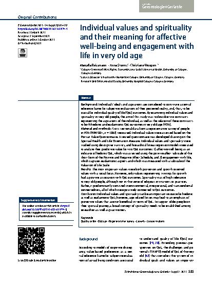 Vorschauseite 1: Individual values and spirituality and their meaning for affective well-being and engagement with life in very old age