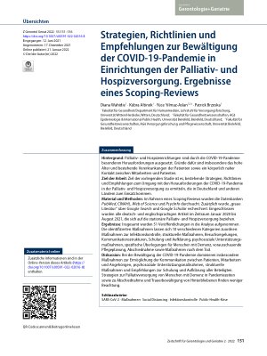 Vorschauseite 1: Strategien, Richtlinien und Empfehlungen zur Bewältigung der COVID-19-Pandemie in Einrichtungen der Palliativund Hospizversorgung. Ergebnisse eines Scoping-Reviews