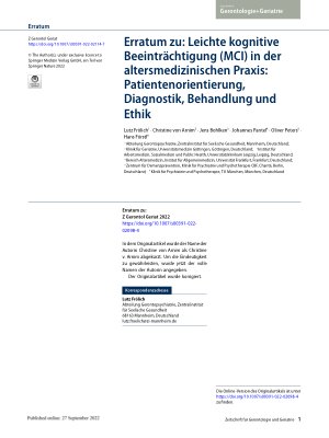 Vorschauseite 1: Erratum zu: Leichte kognitive Beeinträchtigung (MCI) in der altersmedizinischen Praxis: Patientenorientierung, Diagnostik, Behandlung und Ethik