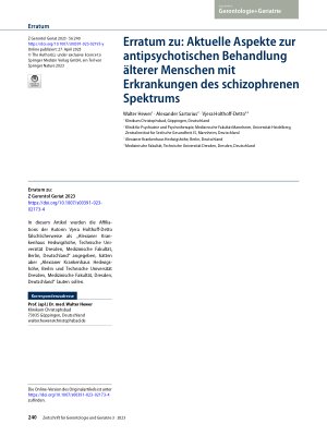 Vorschauseite 1: Erratum zu: Aktuelle Aspekte zur antipsychotischen Behandlung älterer Menschen mit Erkrankungen des schizophrenen Spektrums