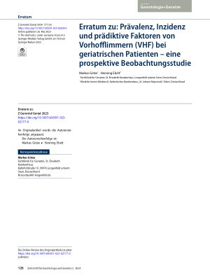 Vorschauseite 1: Erratum zu: Prävalenz, Inzidenz und prädiktive Faktoren von Vorhofflimmern (VHF) bei geriatrischen Patienten – eine prospektive Beobachtungsstudie