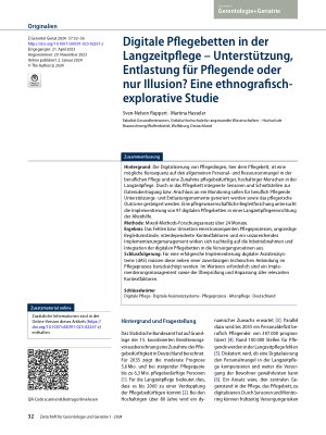 Vorschauseite 1: Digitale Pflegebetten in der Langzeitpflege – Unterstützung, Entlastung für Pflegende oder nur Illusion? Eine ethnografisch-explorative Studie
