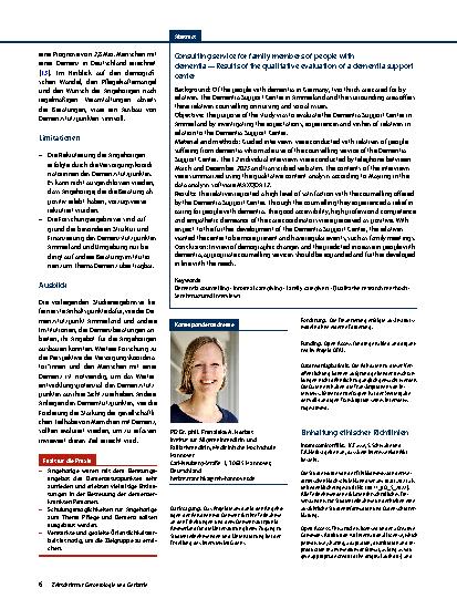 Vorschauseite 6: Beratung für Angehörige von Menschen mit Demenz – Ergebnisse der qualitativen Evaluation eines Demenzstützpunktes