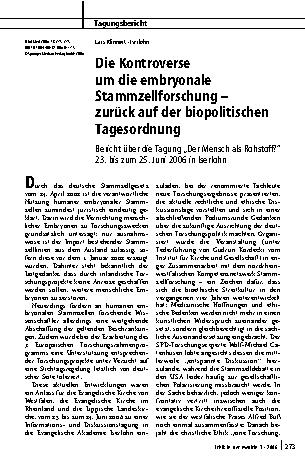 Vorschauseite 1: Die Kontroverse um die embryonale Stammzellforschung—zurück auf der biopolitischen Tagesordnung
