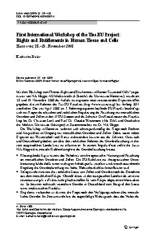 Vorschauseite 1: First International Workshop of the Tiss. EU Project: Rights and Entitlements in Human Tissue and Cells
