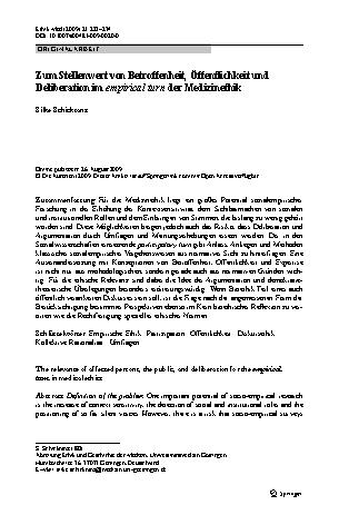 Vorschauseite 1: Zum Stellenwert von Betroffenheit, Öffentlichkeit und Deliberation im empirical turn der Medizinethik
